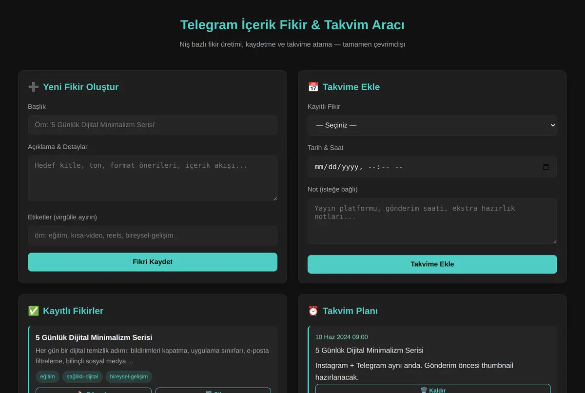 Telegram İçerik Fikir & Takvim Aracı ekran görüntüsü 2
