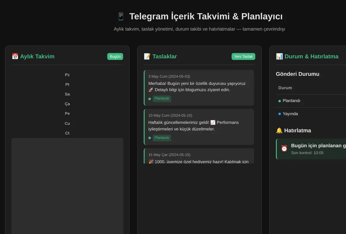 Telegram İçerik Takvimi & Planlayıcı ekran görüntüsü