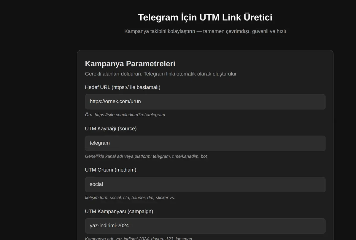 Telegram İçin UTM Link Üretici ekran görüntüsü