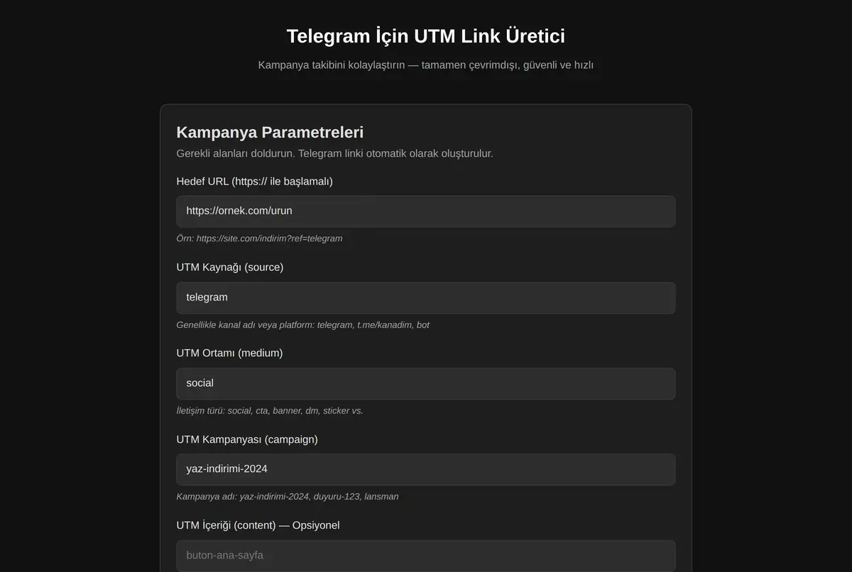 Telegram İçin UTM Link Üretici ekran görüntüsü 2