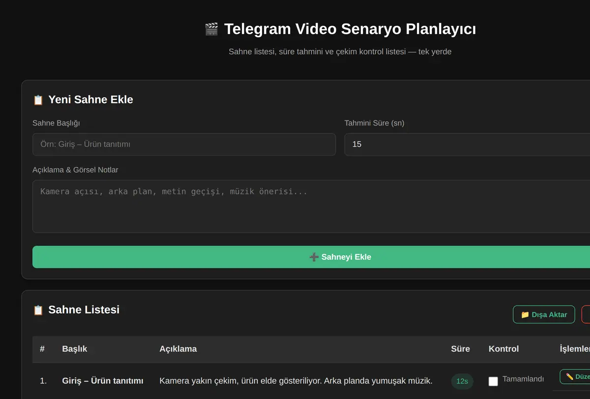 Telegram Video Senaryo Planlayıcı ekran görüntüsü