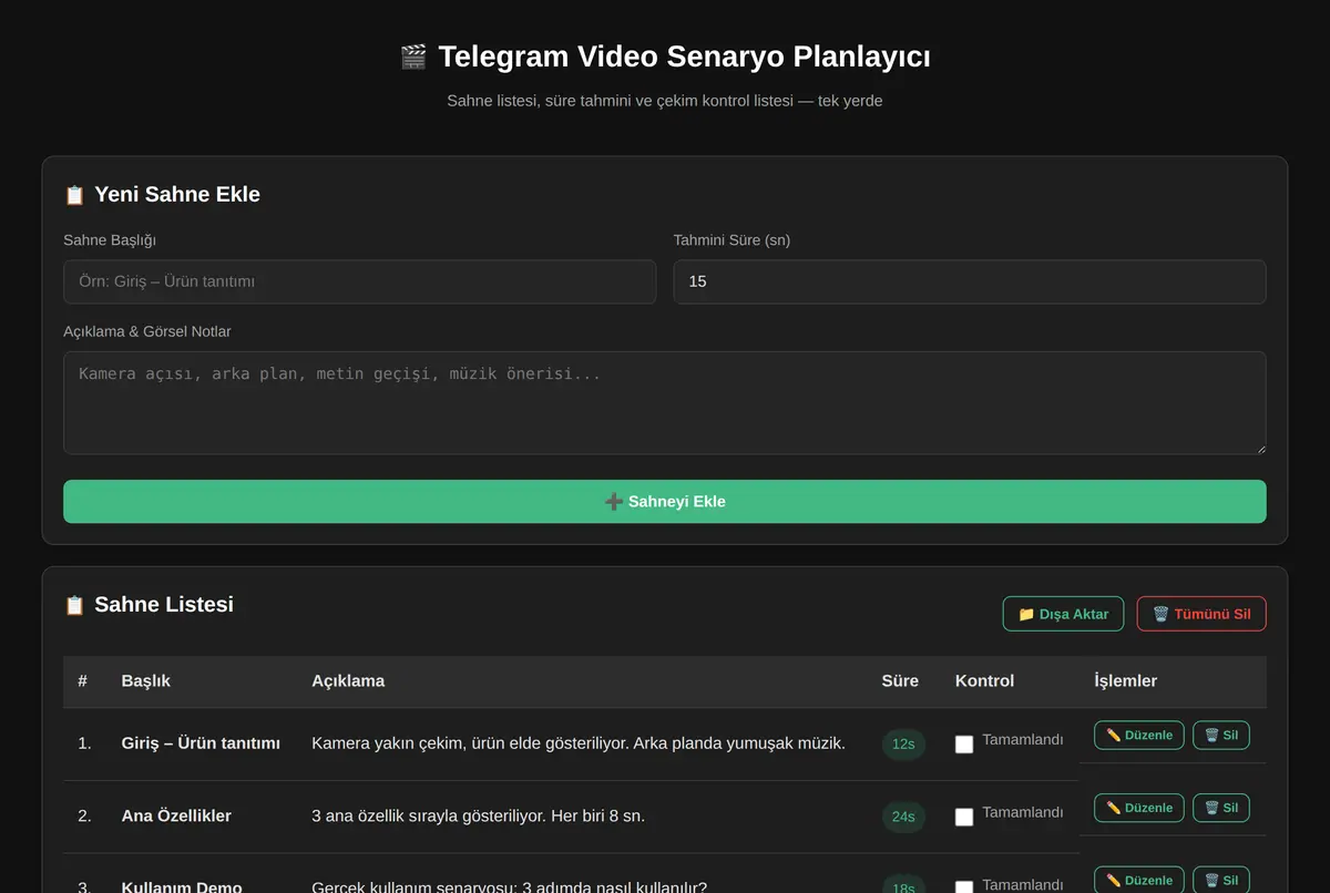 Telegram Video Senaryo Planlayıcı ekran görüntüsü 2
