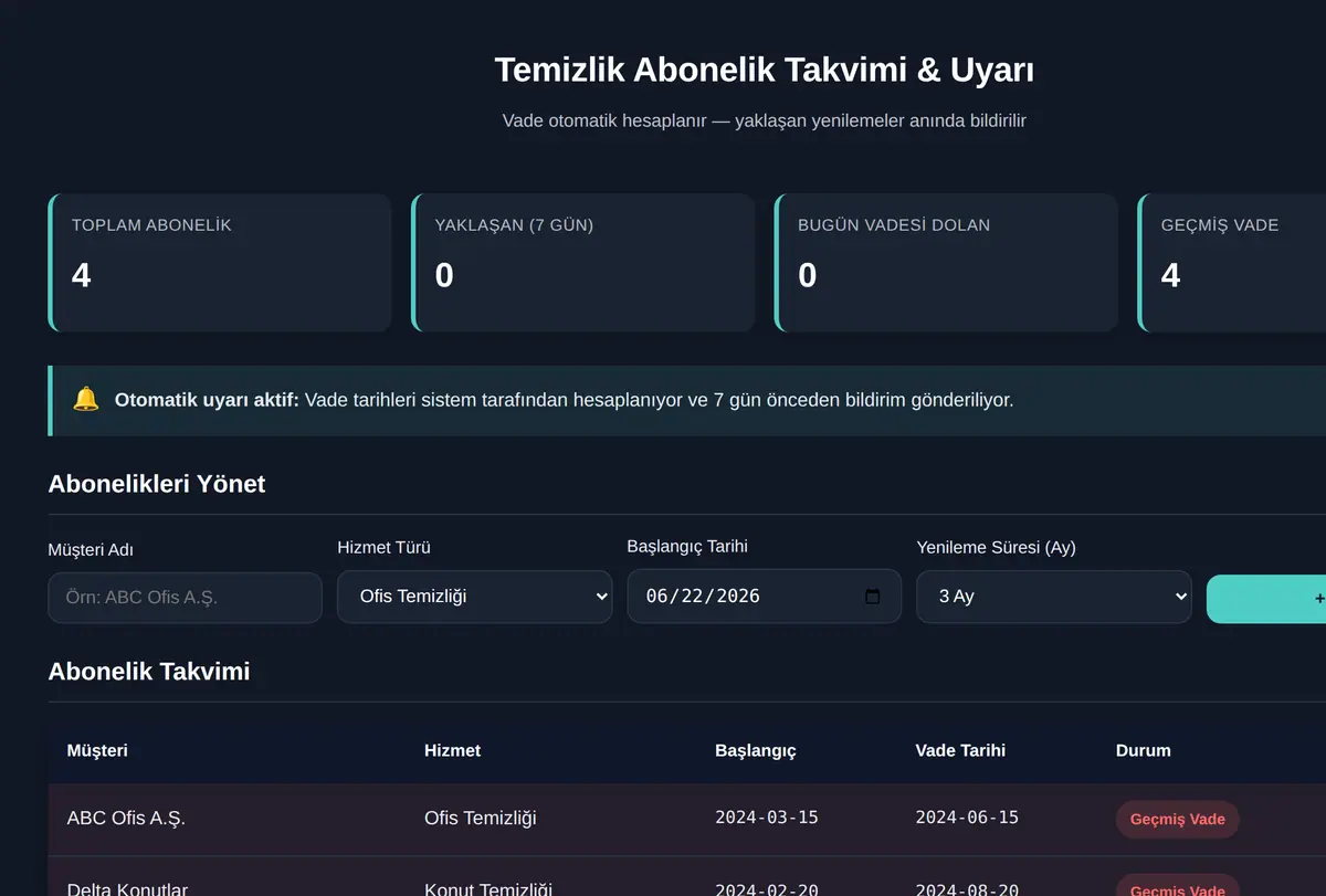 Temizlik Abonelik Takvimi & Uyarı ekran görüntüsü