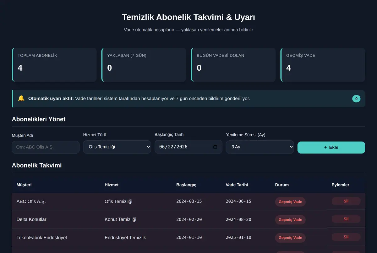 Temizlik Abonelik Takvimi & Uyarı ekran görüntüsü 2