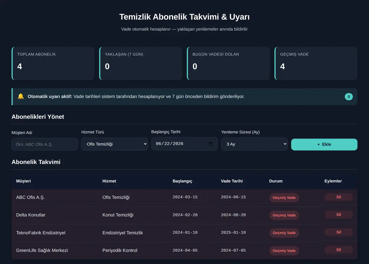 Temizlik Abonelik Takvimi & Uyarı ekran görüntüsü 3