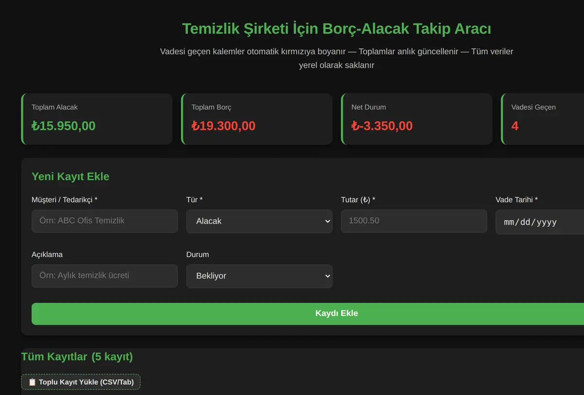 Temizlik Şirketi İçin Borç-Alacak Takip Aracı ekran görüntüsü