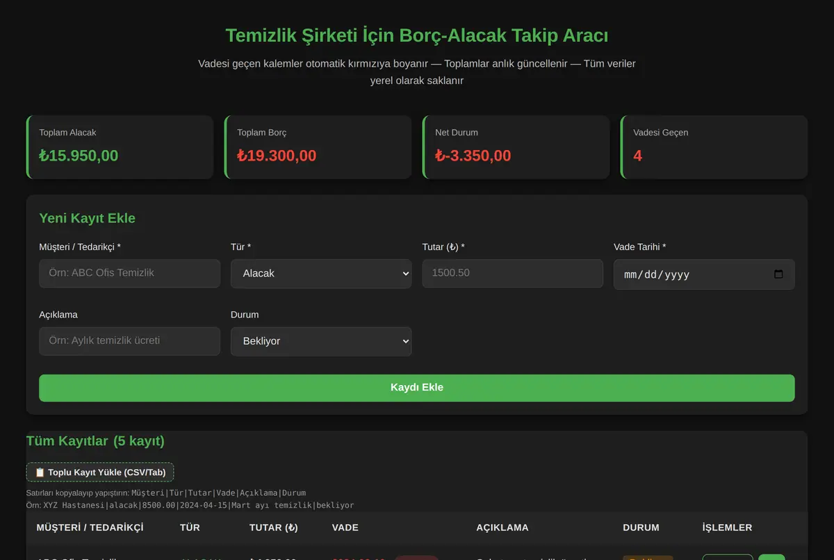 Temizlik Şirketi İçin Borç-Alacak Takip Aracı ekran görüntüsü 2