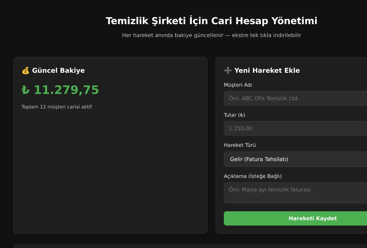 Temizlik Şirketi İçin Cari Hesap Yönetimi ekran görüntüsü