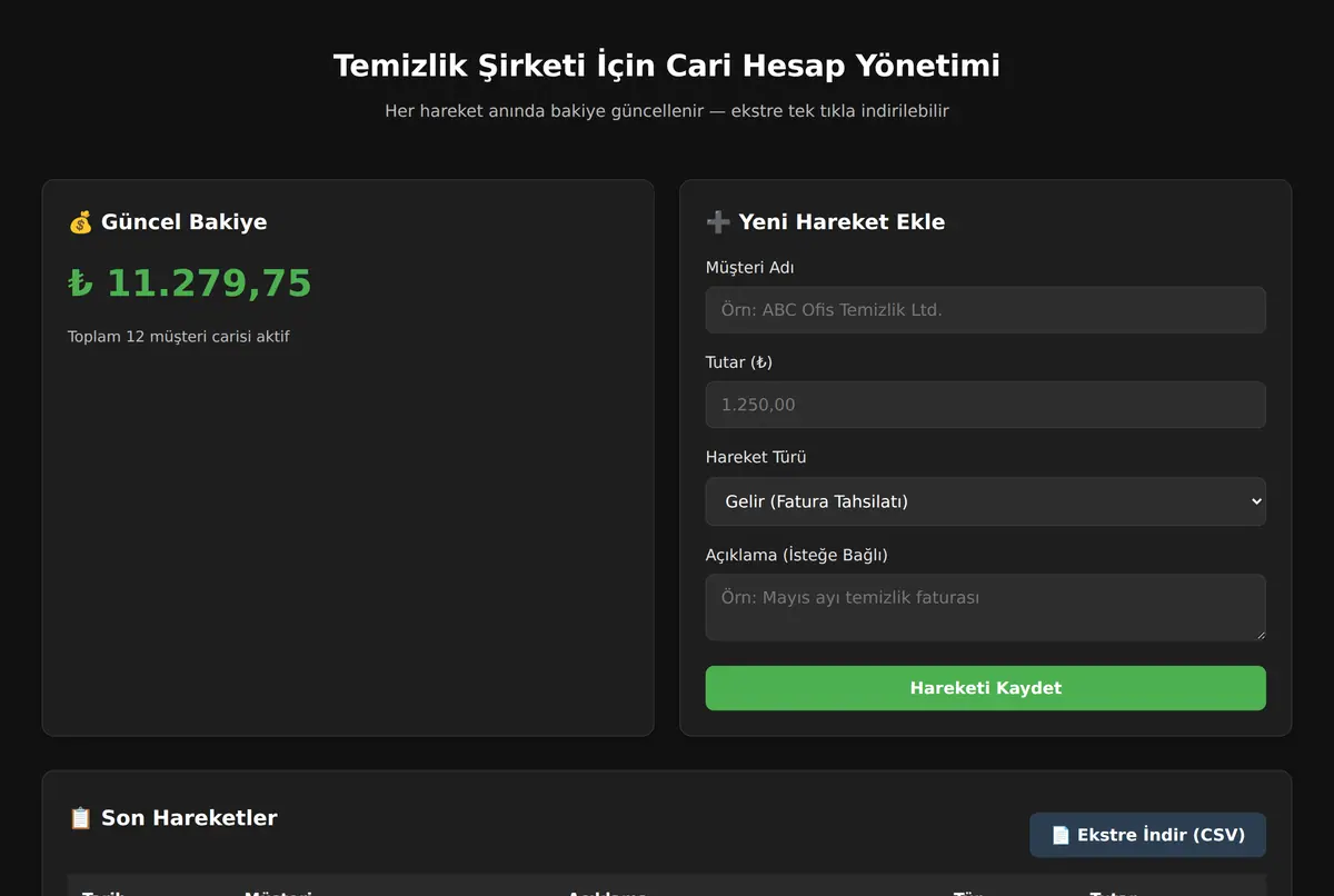 Temizlik Şirketi İçin Cari Hesap Yönetimi ekran görüntüsü 2