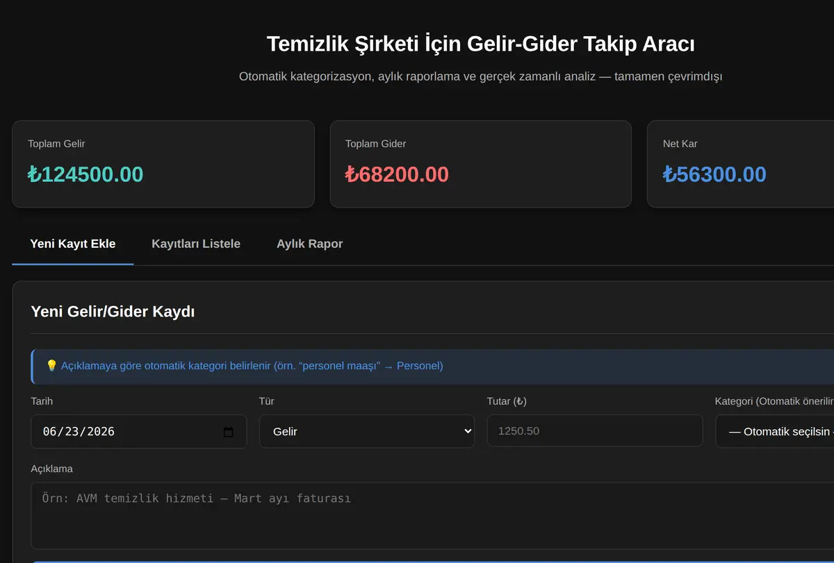 Temizlik Şirketi İçin Gelir-Gider Takip Aracı ekran görüntüsü