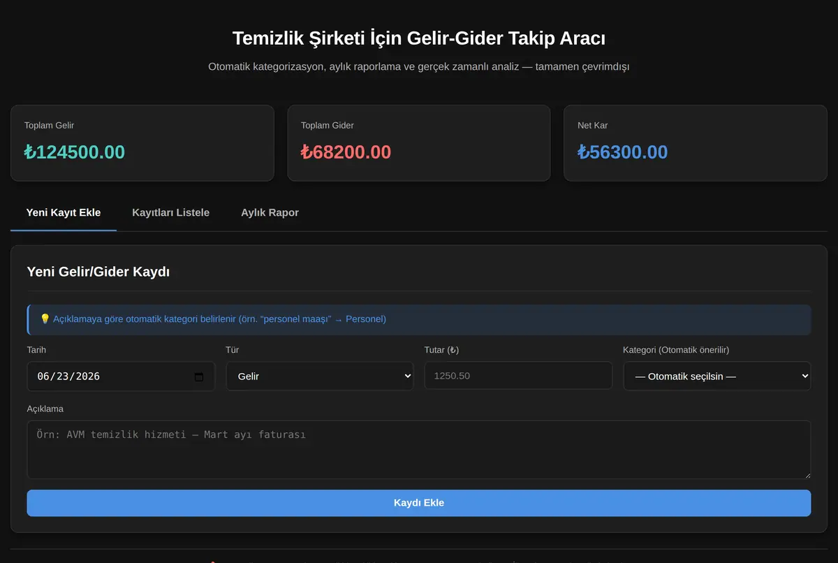 Temizlik Şirketi İçin Gelir-Gider Takip Aracı ekran görüntüsü 2