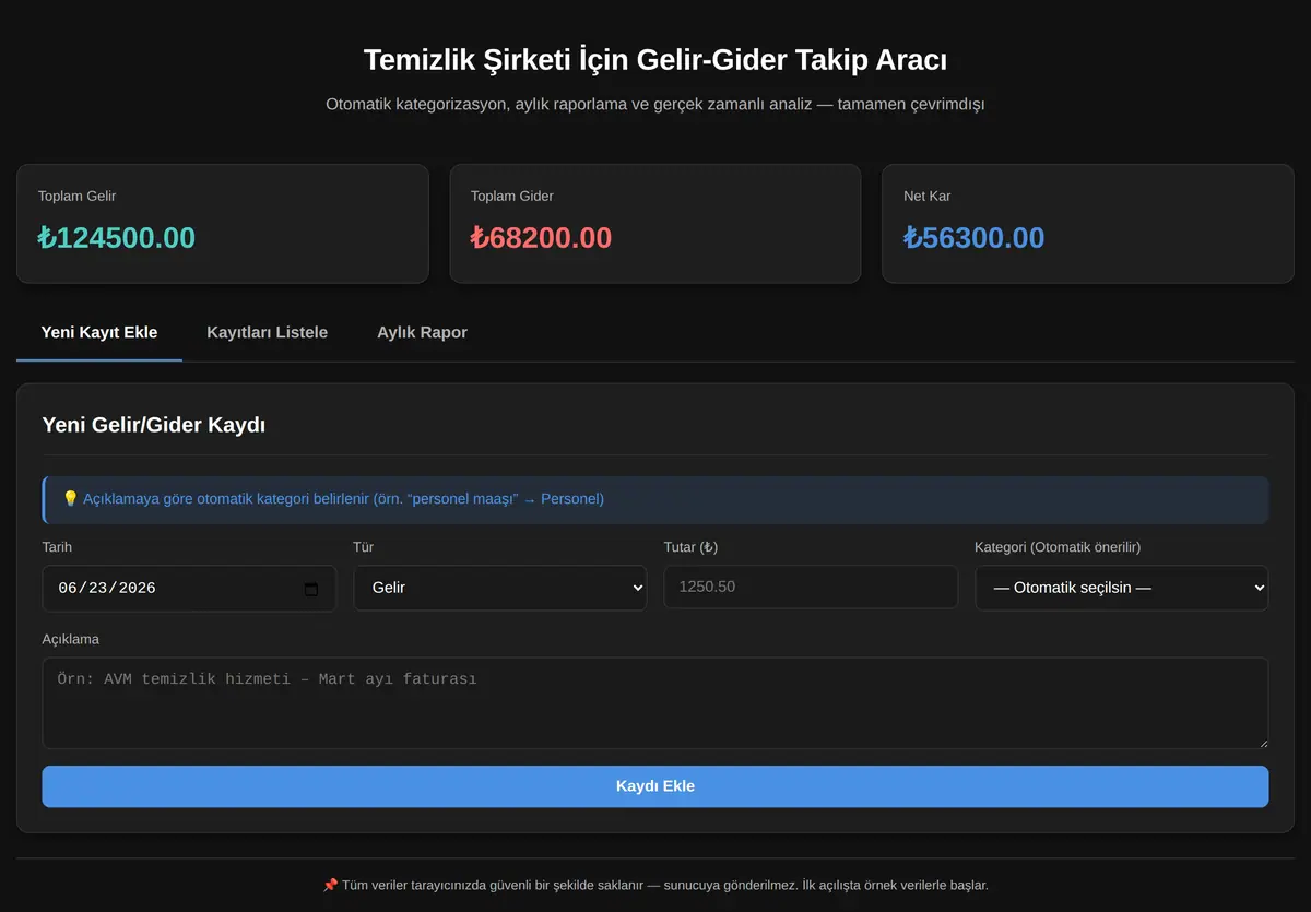Temizlik Şirketi İçin Gelir-Gider Takip Aracı ekran görüntüsü 3