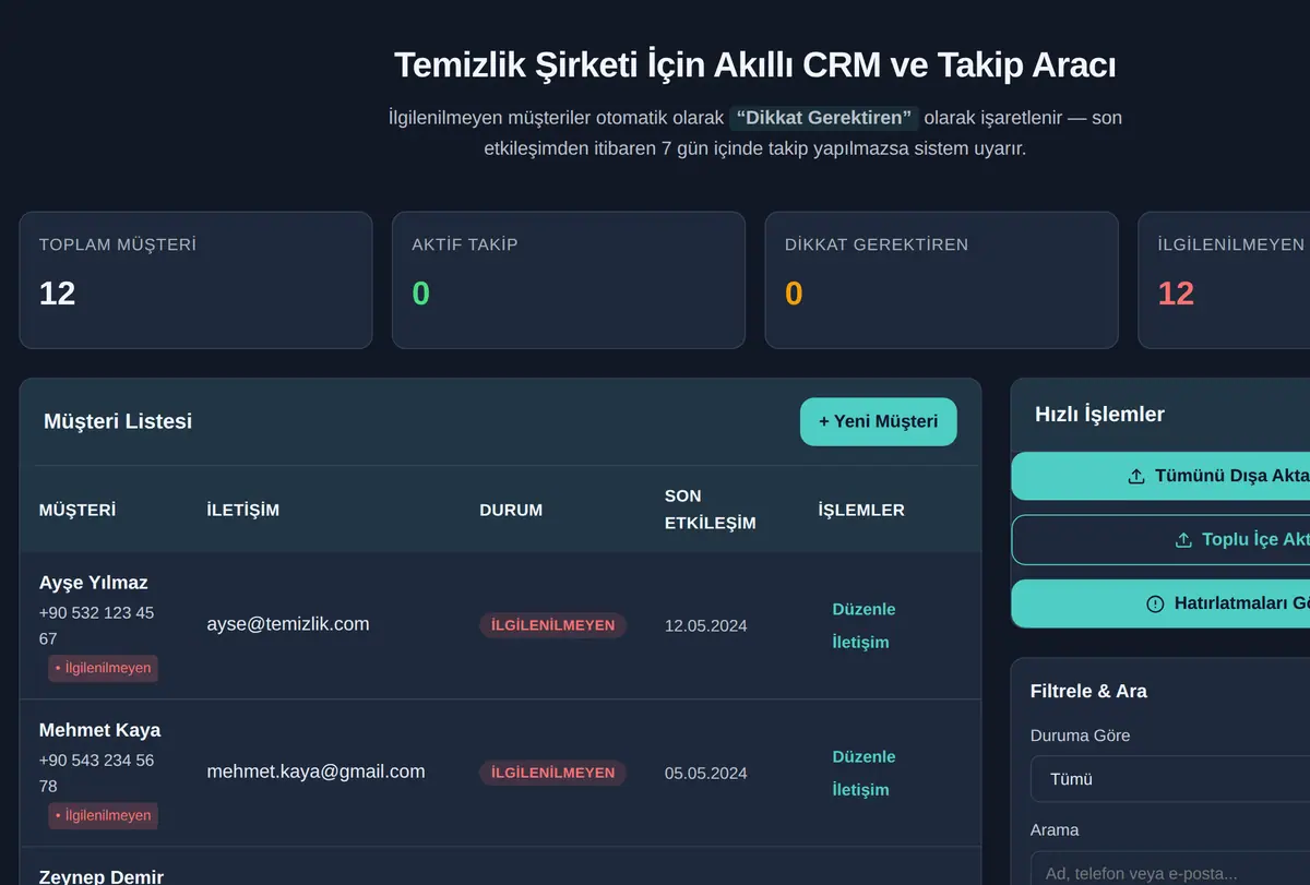 Temizlik Şirketi İçin Akıllı CRM ve Takip Aracı ekran görüntüsü