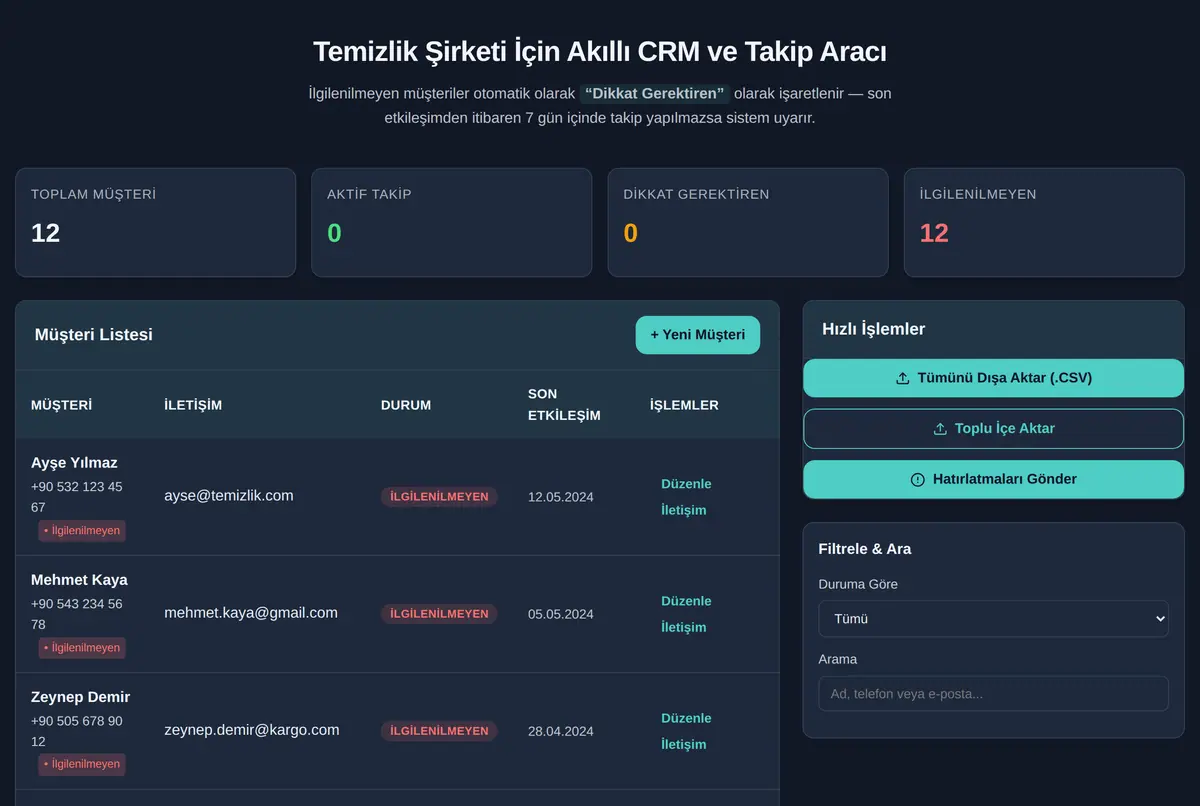 Temizlik Şirketi İçin Akıllı CRM ve Takip Aracı ekran görüntüsü 2