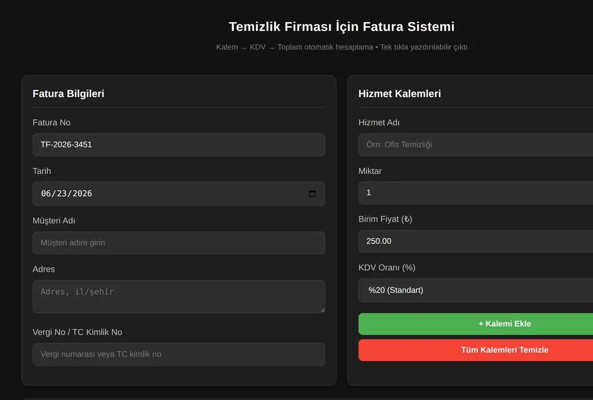 Temizlik Firması İçin Fatura Sistemi ekran görüntüsü