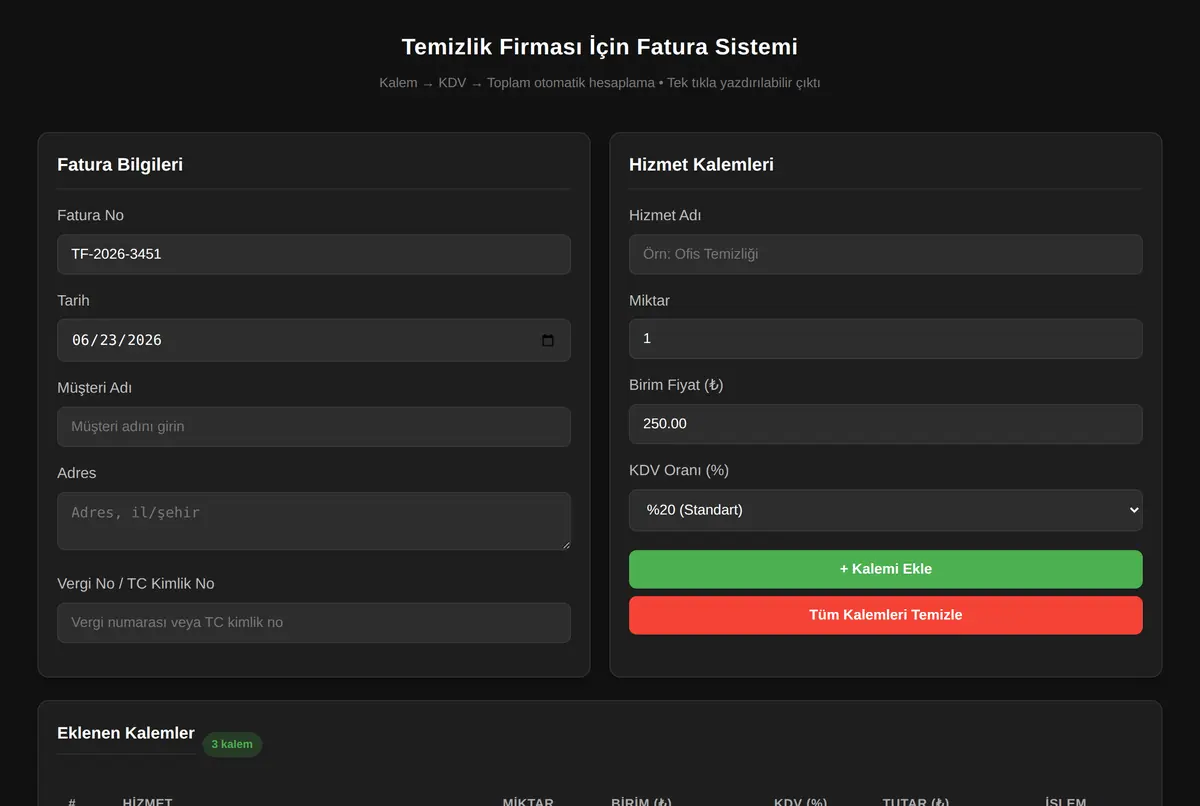 Temizlik Firması İçin Fatura Sistemi ekran görüntüsü 2