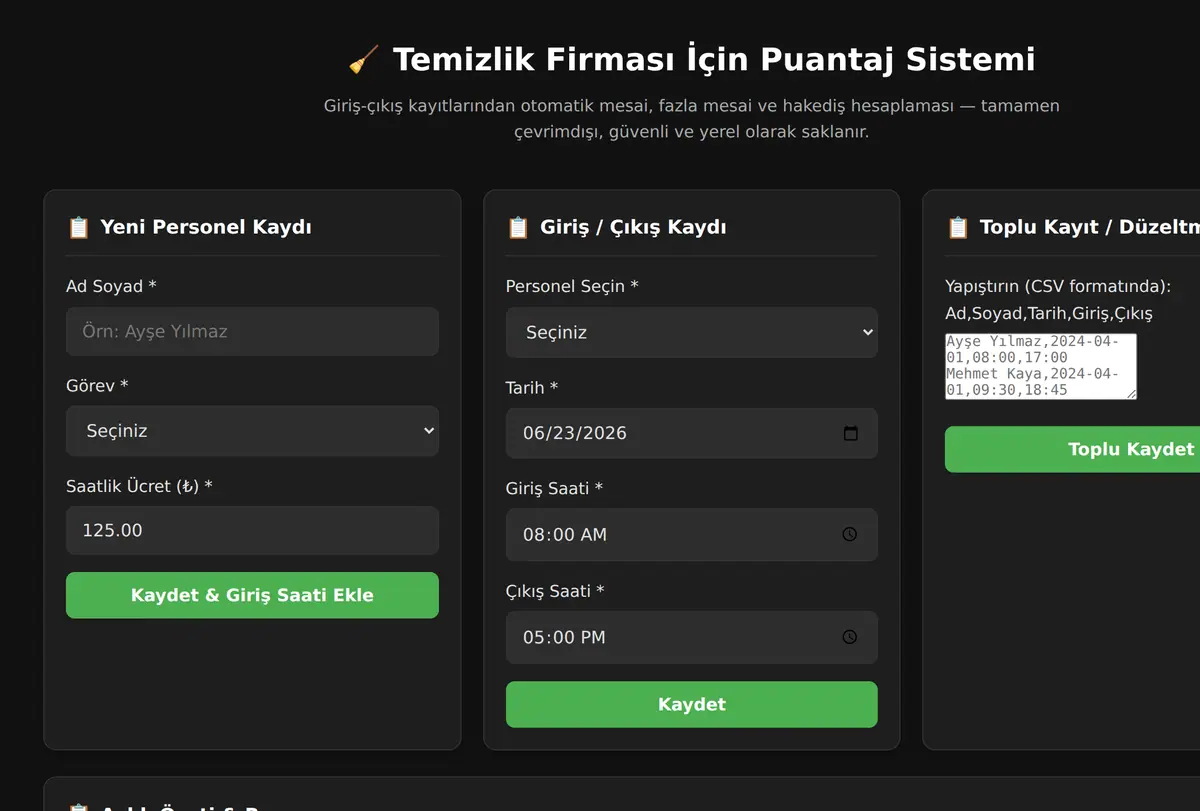Temizlik Firması İçin Puantaj Sistemi ekran görüntüsü