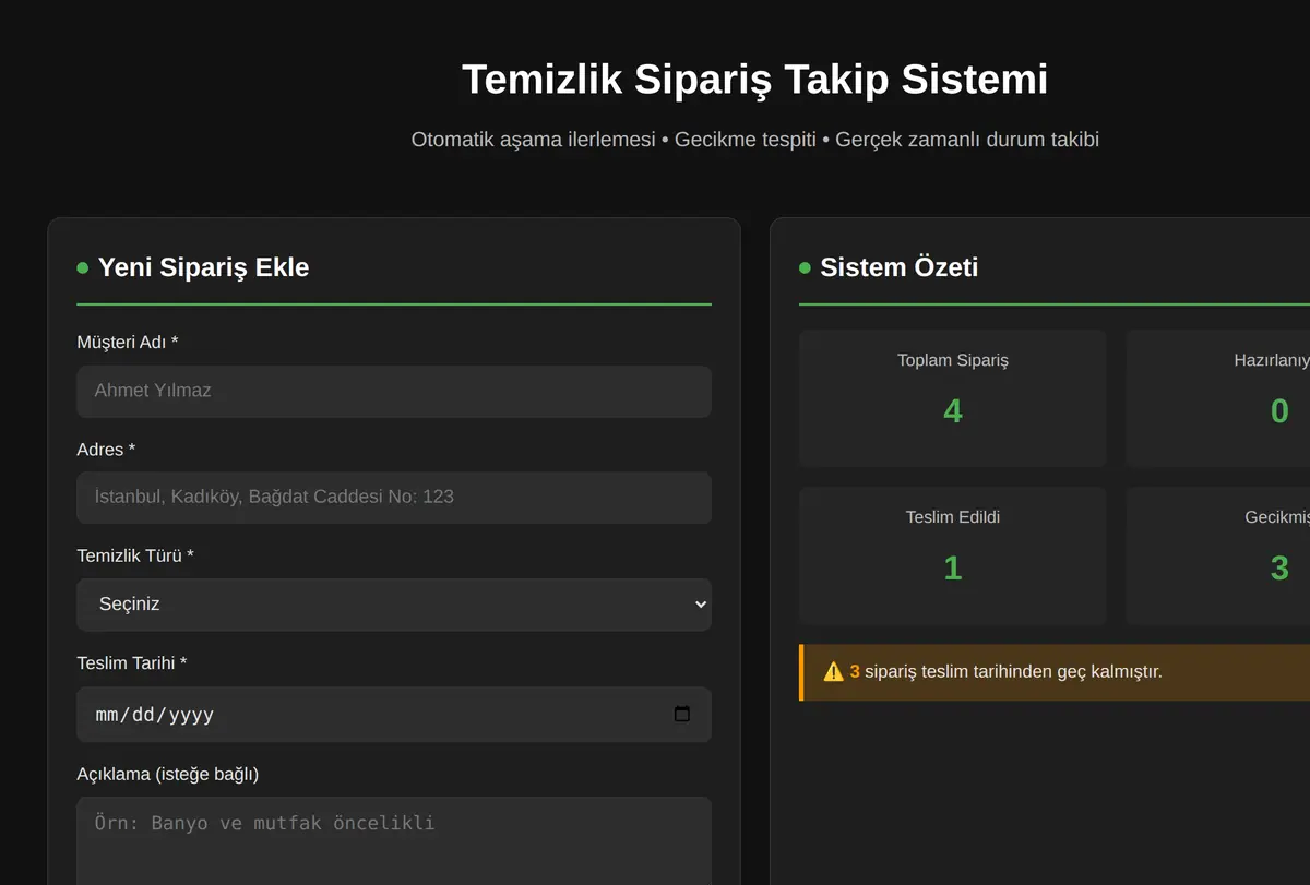 Temizlik Sipariş Takip Sistemi ekran görüntüsü