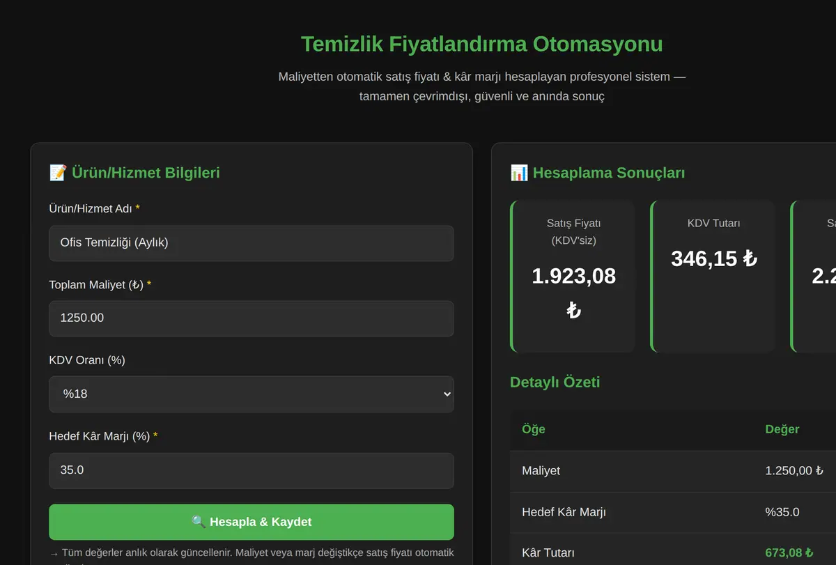 Temizlik Fiyatlandırma Otomasyonu ekran görüntüsü