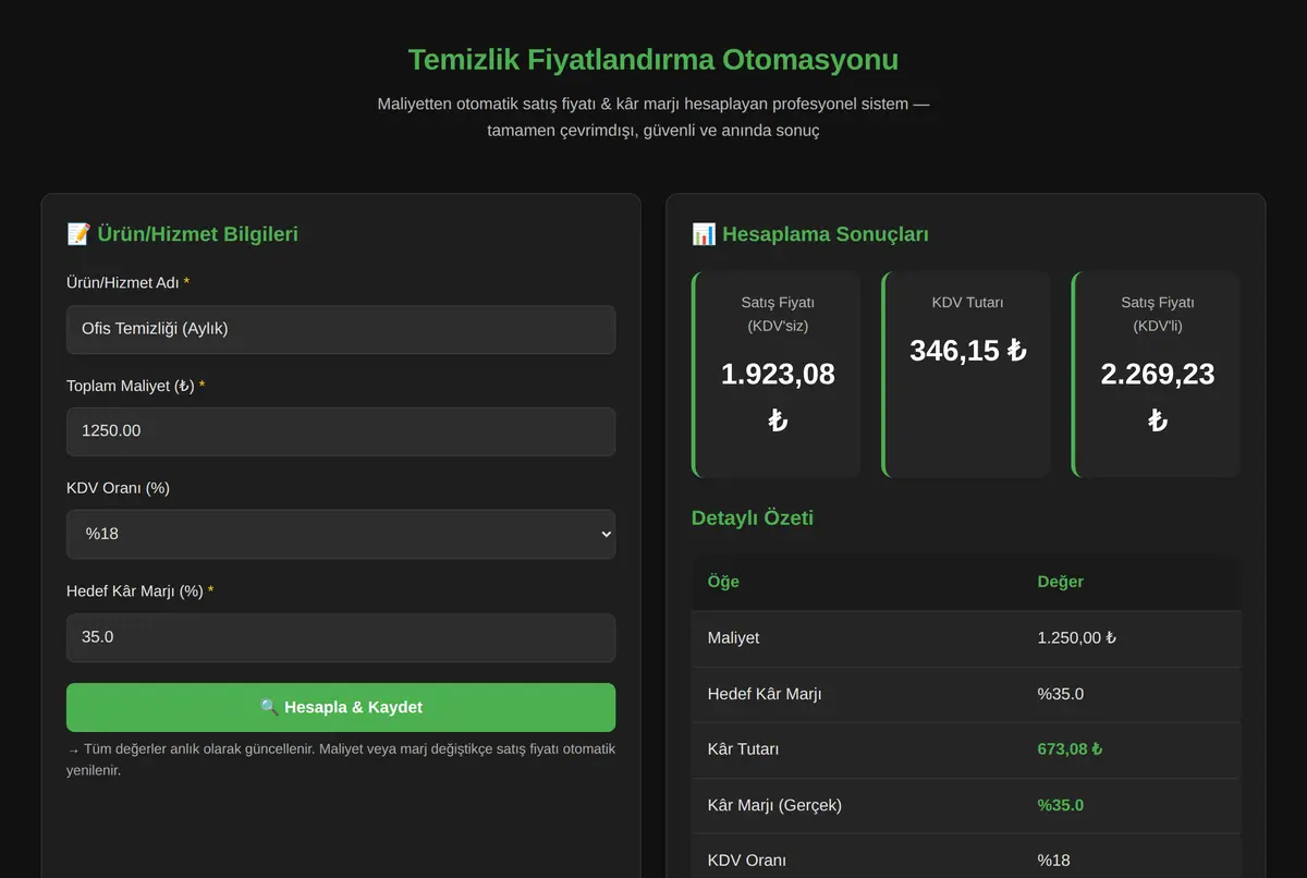 Temizlik Fiyatlandırma Otomasyonu ekran görüntüsü 2