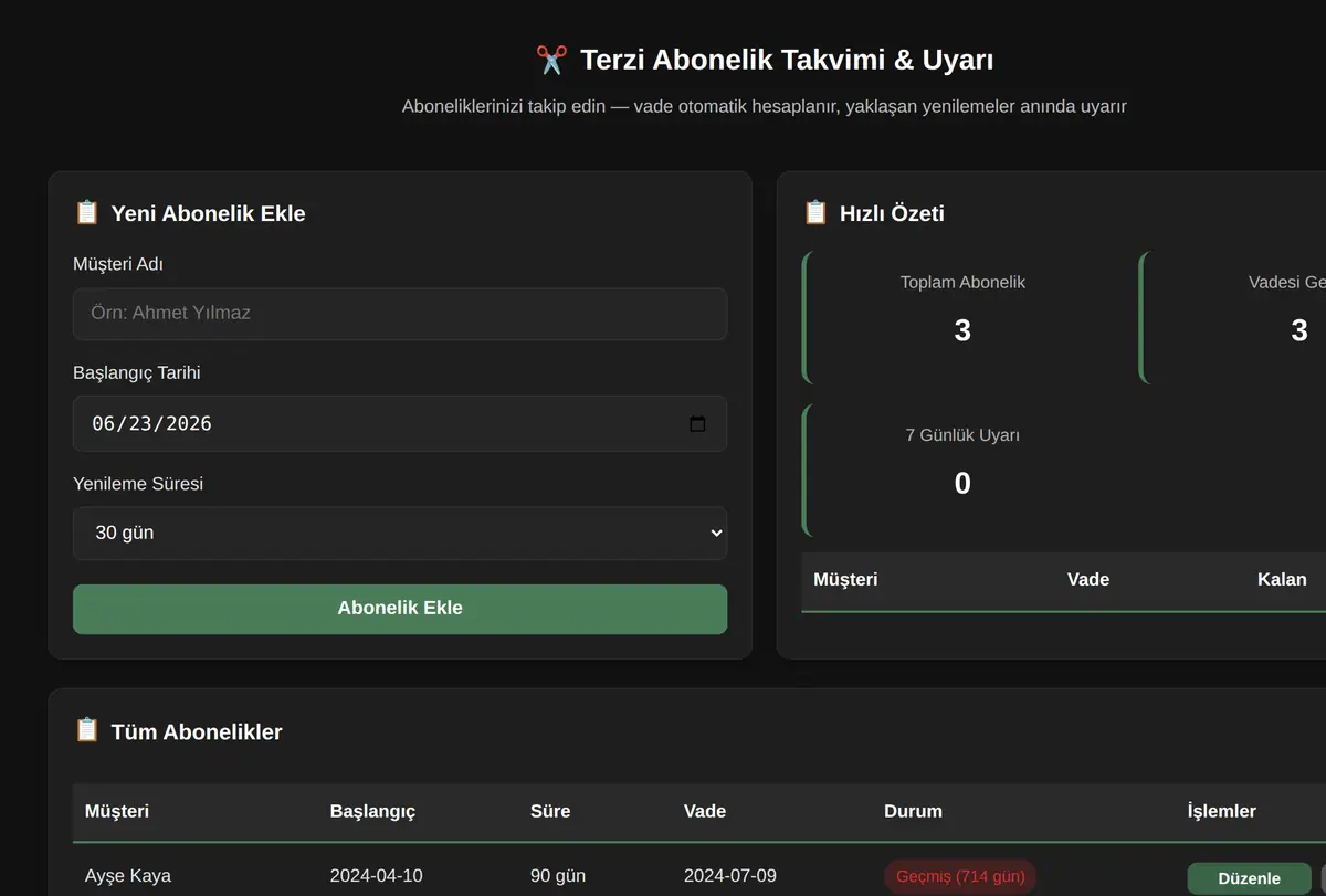 Terzi Abonelik Takvimi & Uyarı ekran görüntüsü
