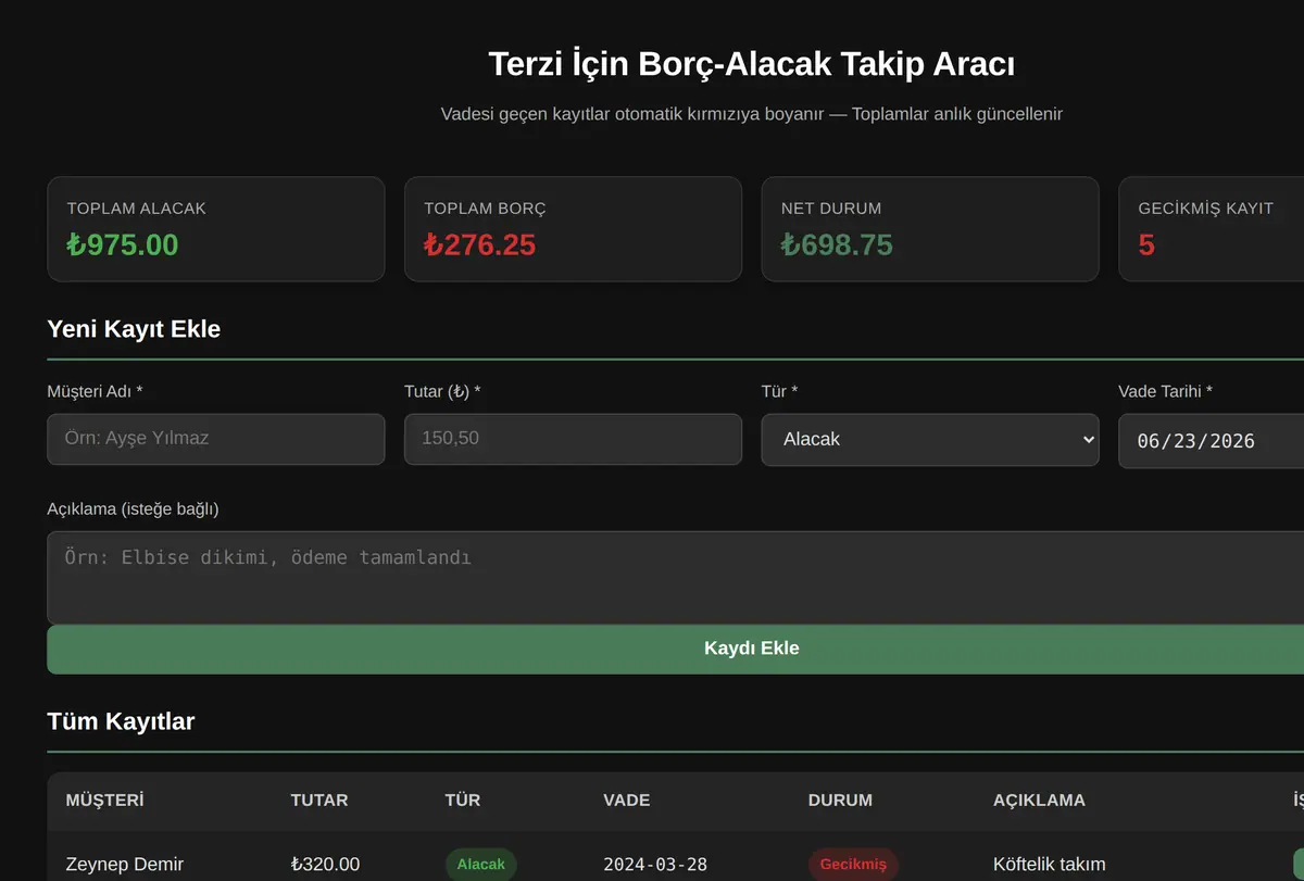 Terzi İçin Borç-Alacak Takip Aracı ekran görüntüsü