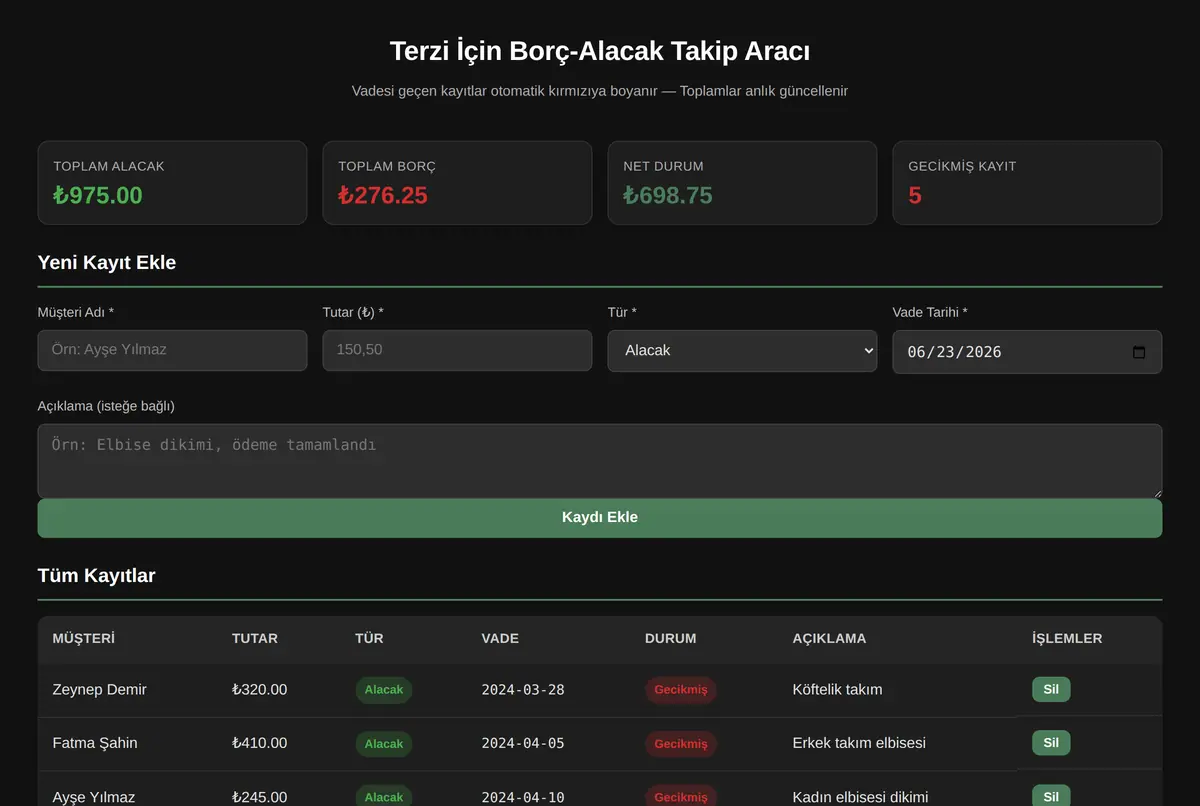 Terzi İçin Borç-Alacak Takip Aracı ekran görüntüsü 2