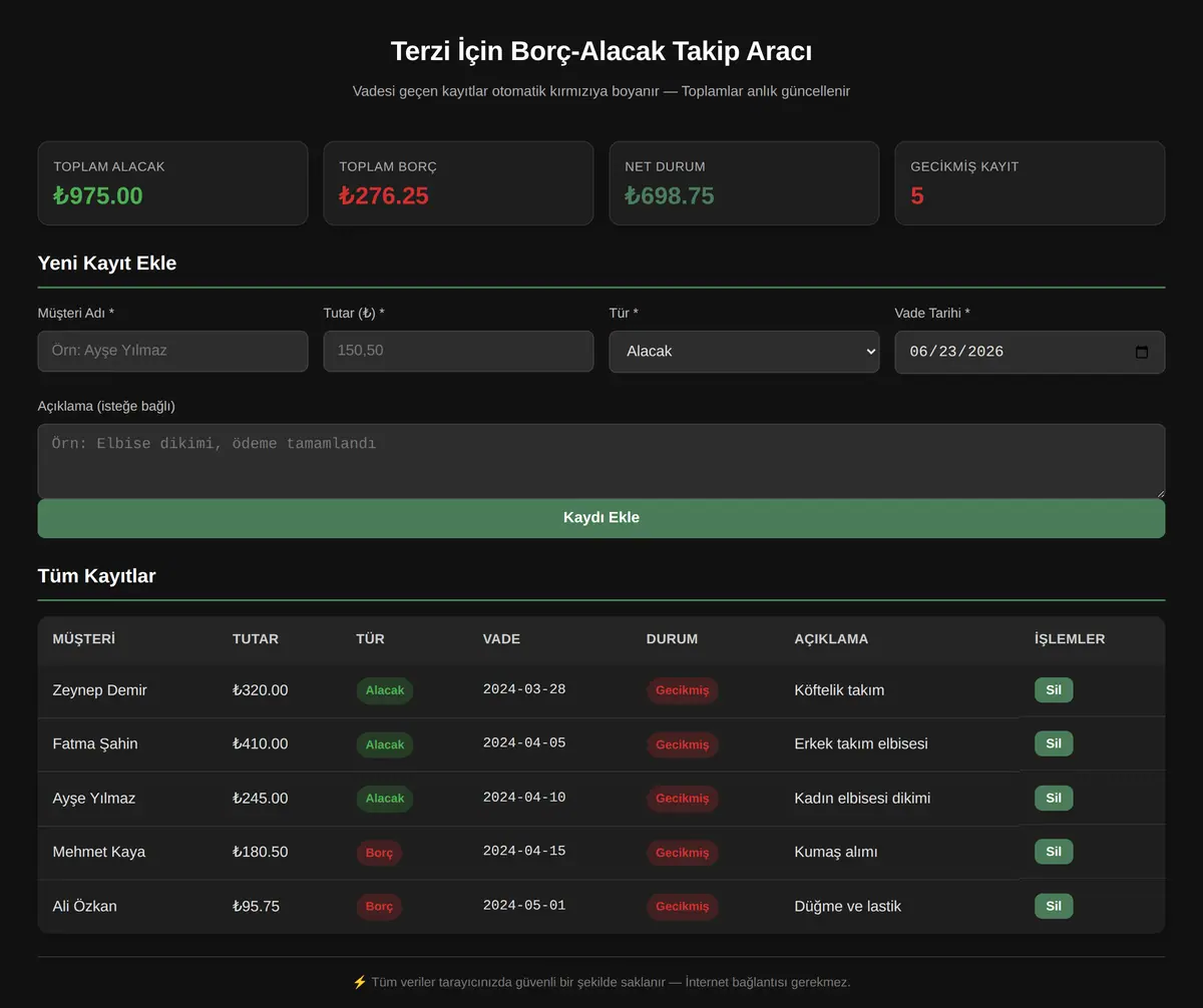 Terzi İçin Borç-Alacak Takip Aracı ekran görüntüsü 3