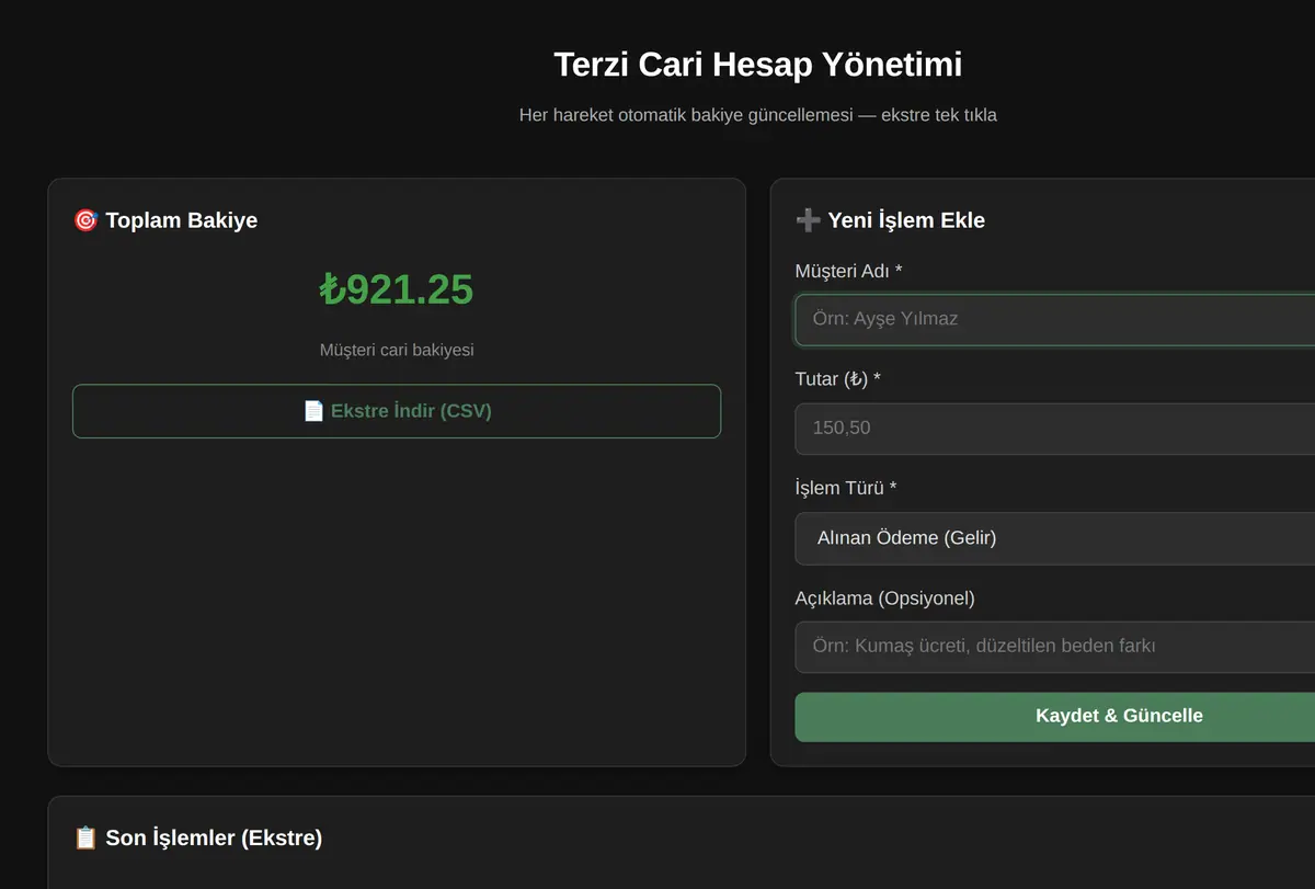 Terzi Cari Hesap Yönetimi ekran görüntüsü