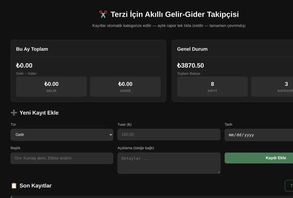 Terzi İçin Akıllı Gelir-Gider Takipçisi ekran görüntüsü