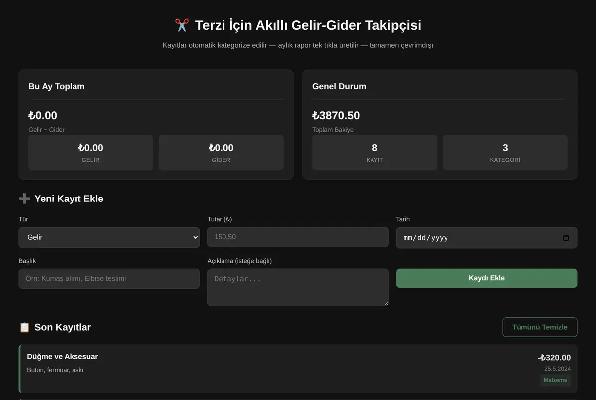 Terzi İçin Akıllı Gelir-Gider Takipçisi ekran görüntüsü 2