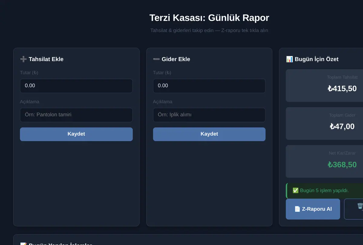 Terzi Kasası: Günlük Rapor ekran görüntüsü