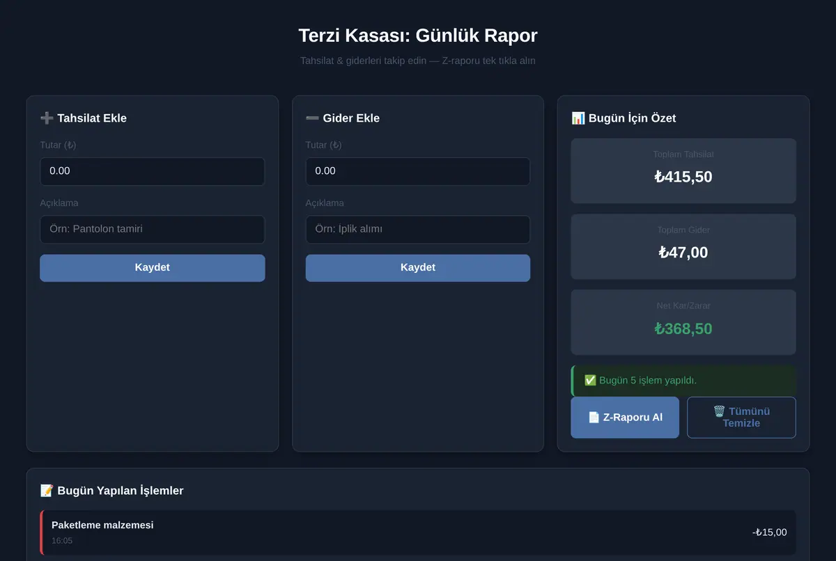 Terzi Kasası: Günlük Rapor ekran görüntüsü 2