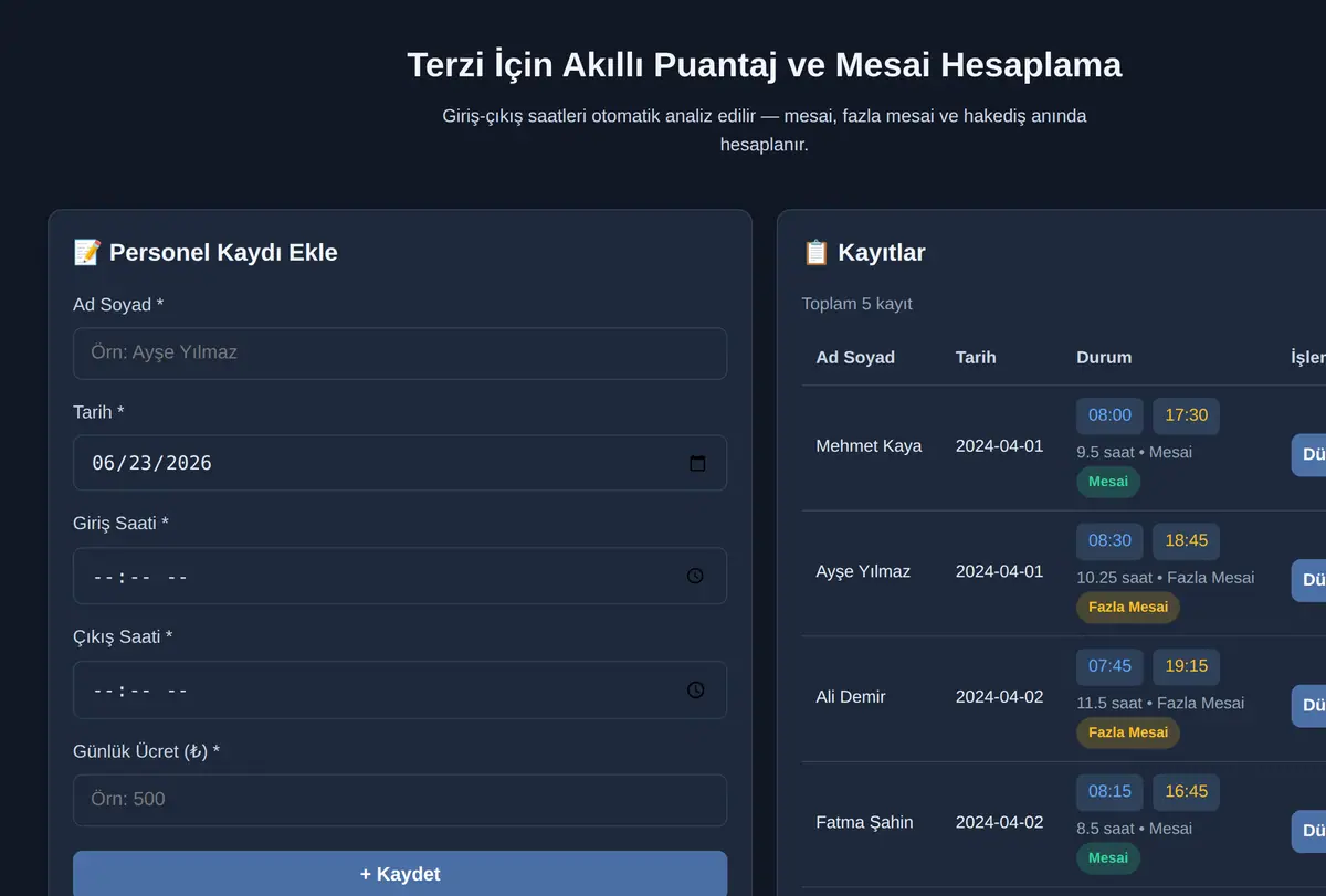 Terzi İçin Akıllı Puantaj ve Mesai Hesaplama ekran görüntüsü
