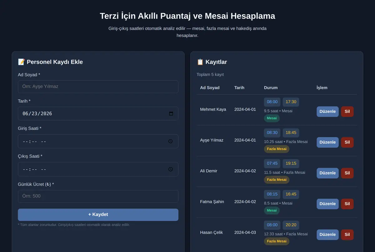 Terzi İçin Akıllı Puantaj ve Mesai Hesaplama ekran görüntüsü 2