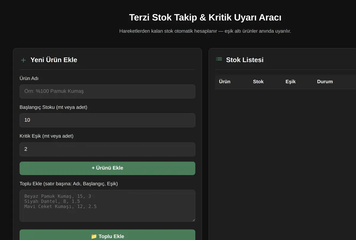 Terzi Stok Takip & Kritik Uyarı Aracı ekran görüntüsü