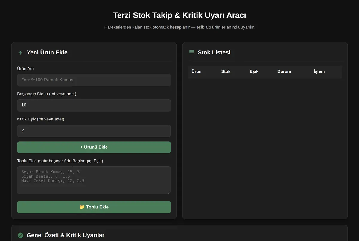 Terzi Stok Takip & Kritik Uyarı Aracı ekran görüntüsü 2