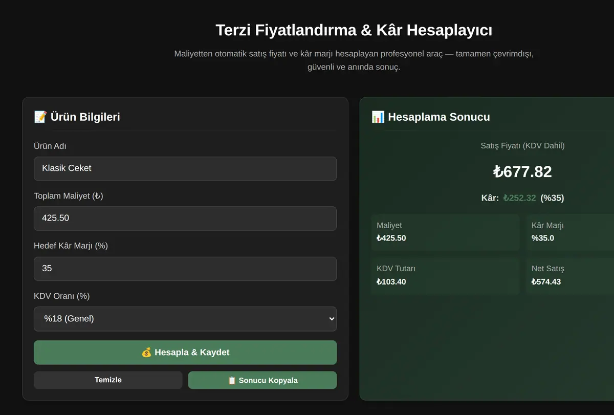 Terzi Fiyatlandırma & Kâr Hesaplayıcı ekran görüntüsü