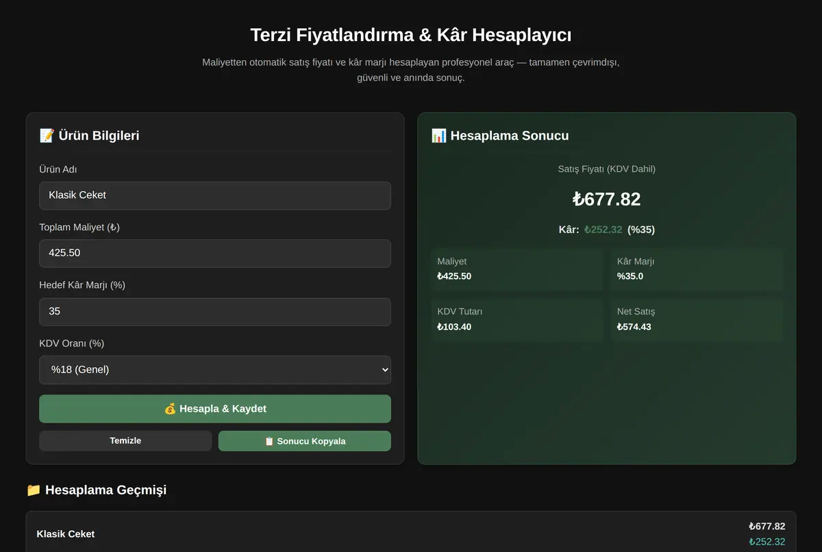 Terzi Fiyatlandırma & Kâr Hesaplayıcı ekran görüntüsü 2
