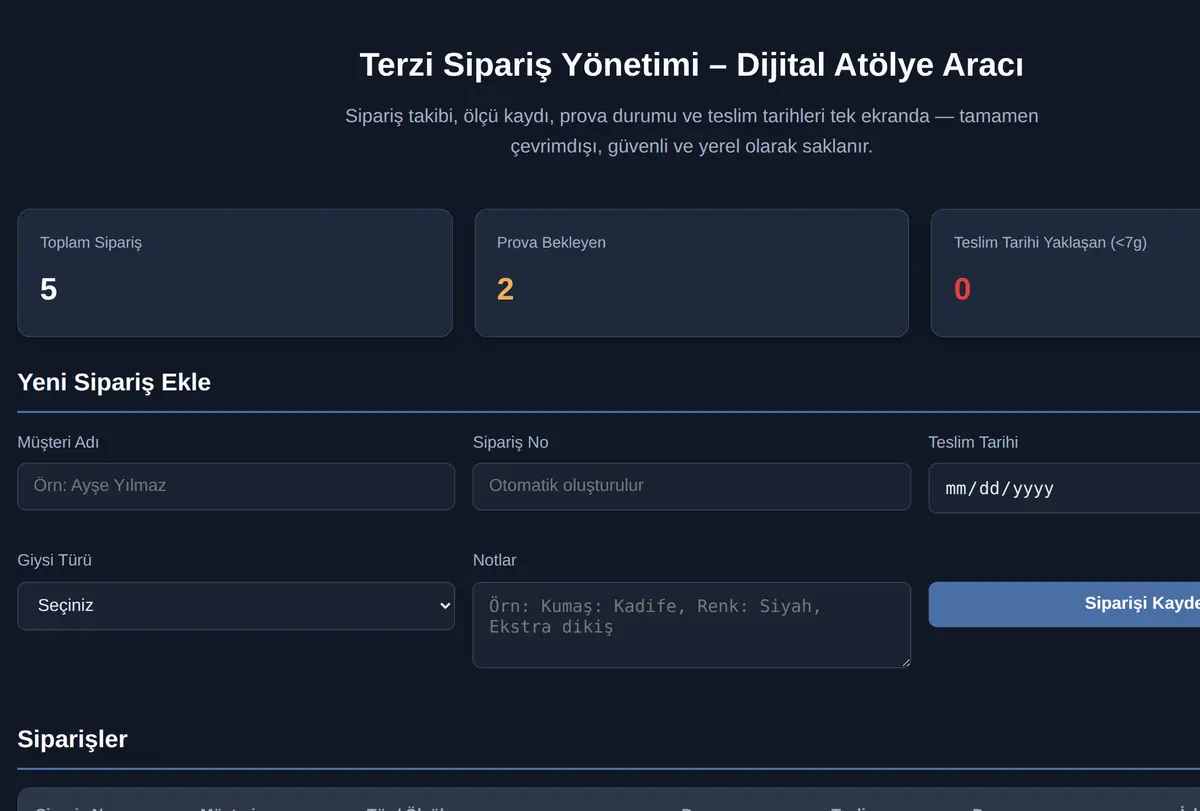 Terzi Sipariş Yönetimi - Dijital Atölye Aracı ekran görüntüsü