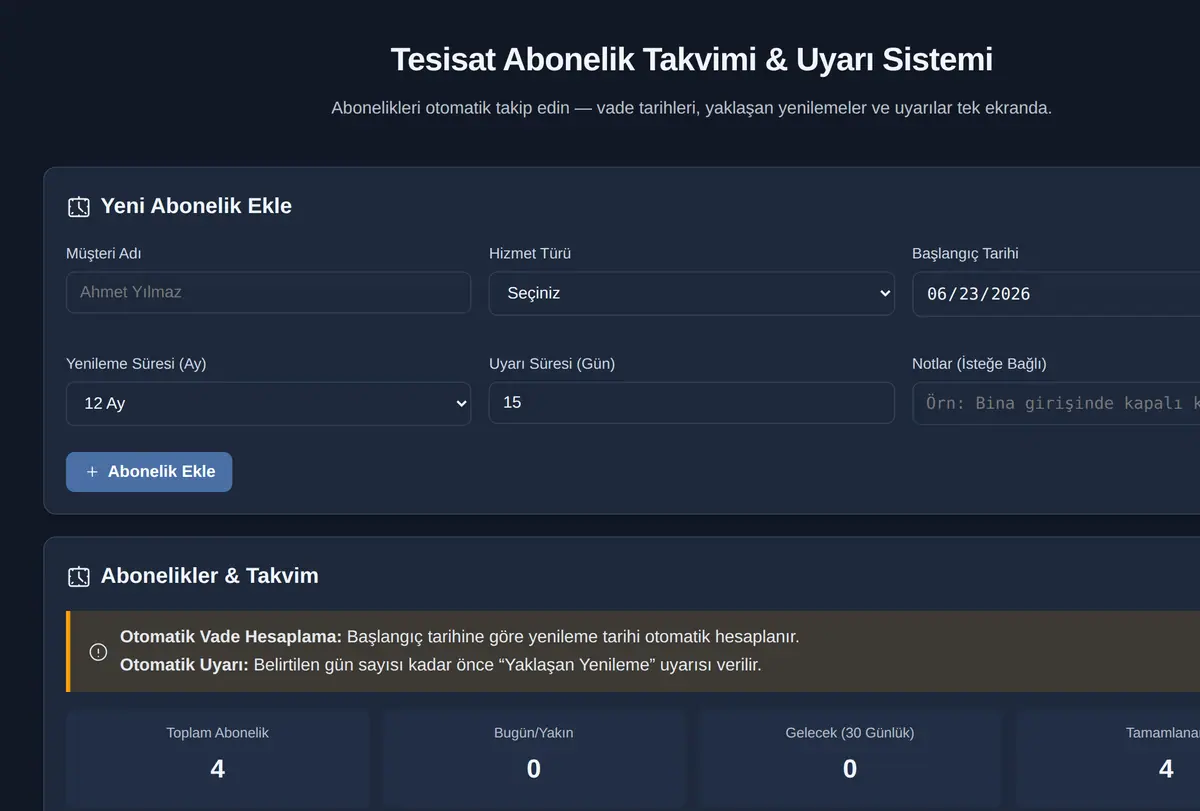 Tesisat Abonelik Takvimi & Uyarı Sistemi ekran görüntüsü