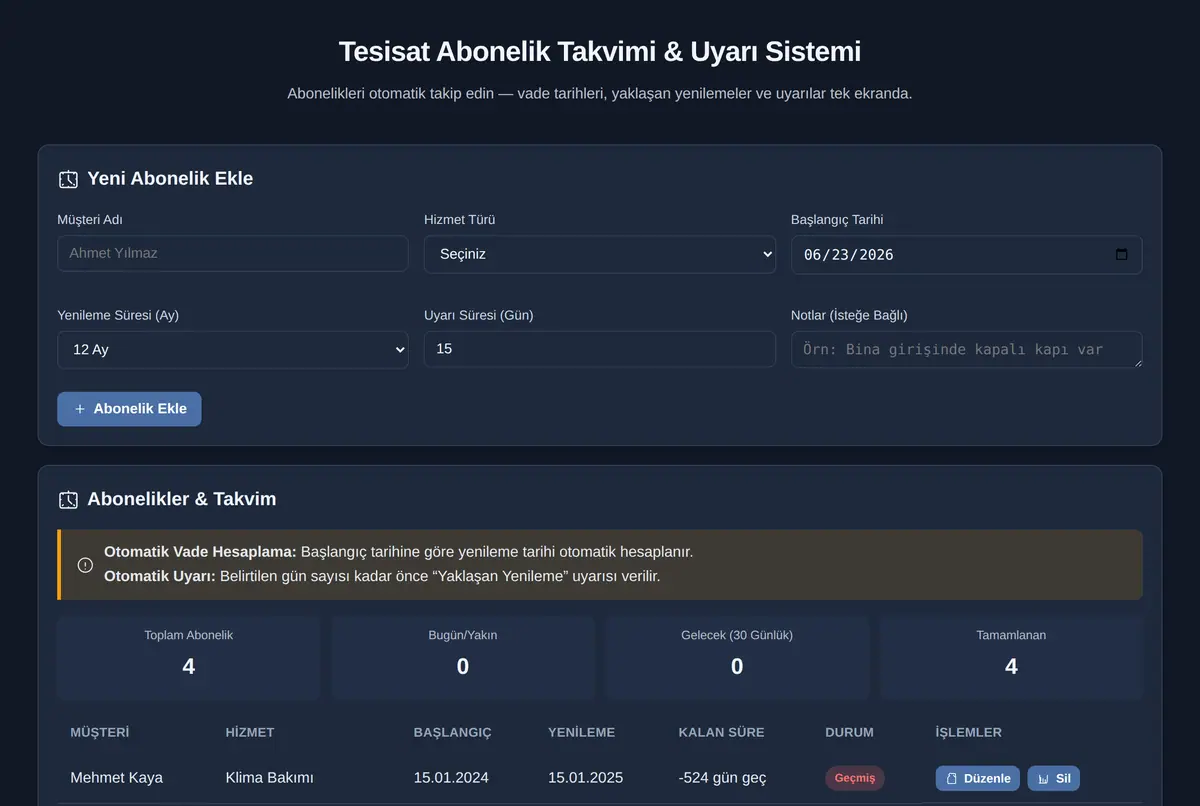 Tesisat Abonelik Takvimi & Uyarı Sistemi ekran görüntüsü 2