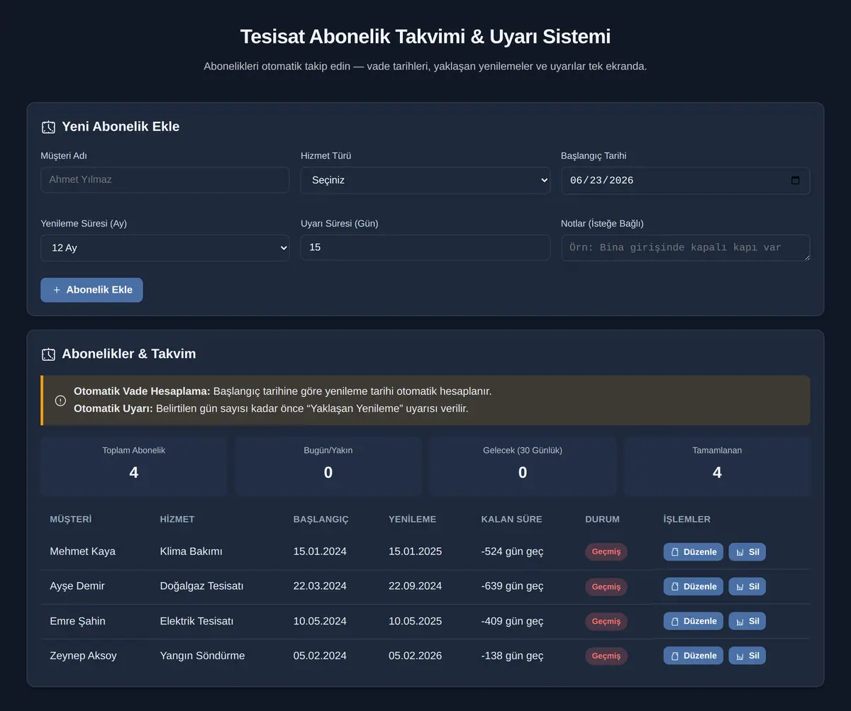 Tesisat Abonelik Takvimi & Uyarı Sistemi ekran görüntüsü 3