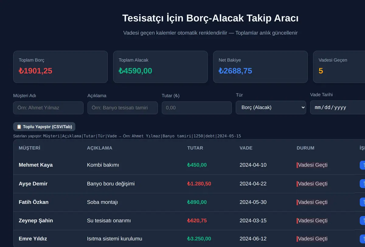 Tesisatçı İçin Borç-Alacak Takip Aracı ekran görüntüsü