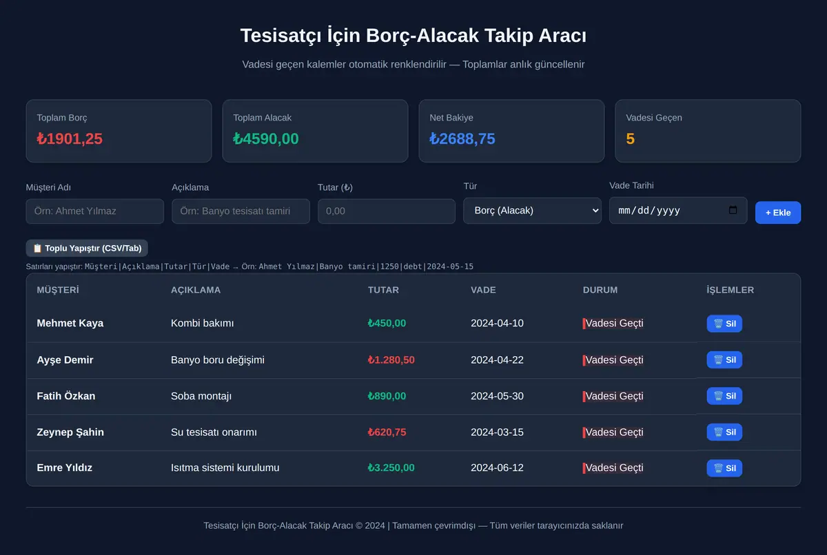 Tesisatçı İçin Borç-Alacak Takip Aracı ekran görüntüsü 2