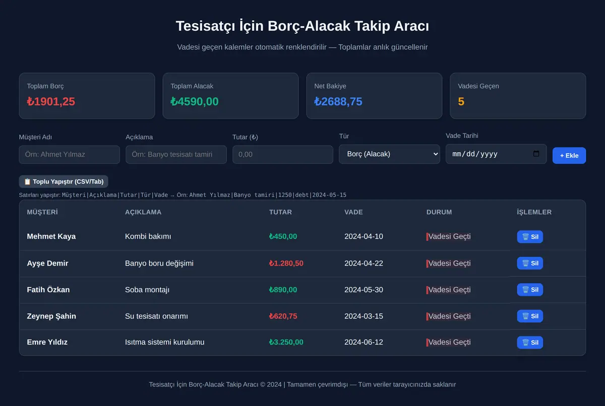 Tesisatçı İçin Borç-Alacak Takip Aracı ekran görüntüsü 3