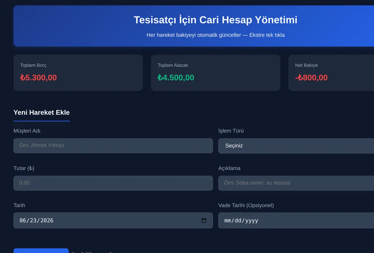 Tesisatçı İçin Cari Hesap Yönetimi ekran görüntüsü