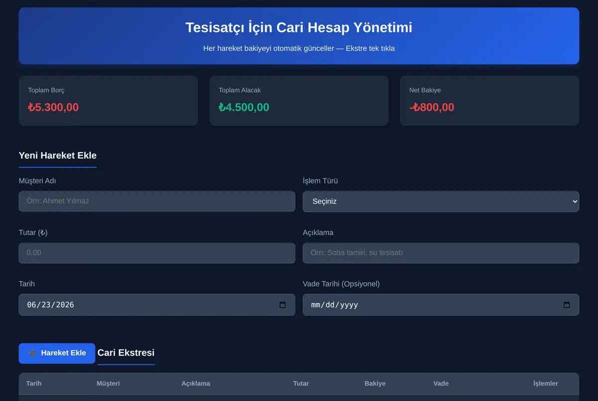 Tesisatçı İçin Cari Hesap Yönetimi ekran görüntüsü 2