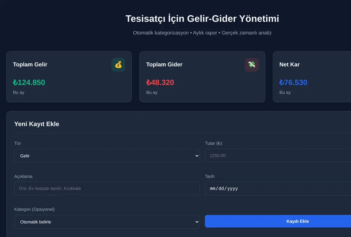 Tesisatçı İçin Gelir-Gider Yönetimi ekran görüntüsü