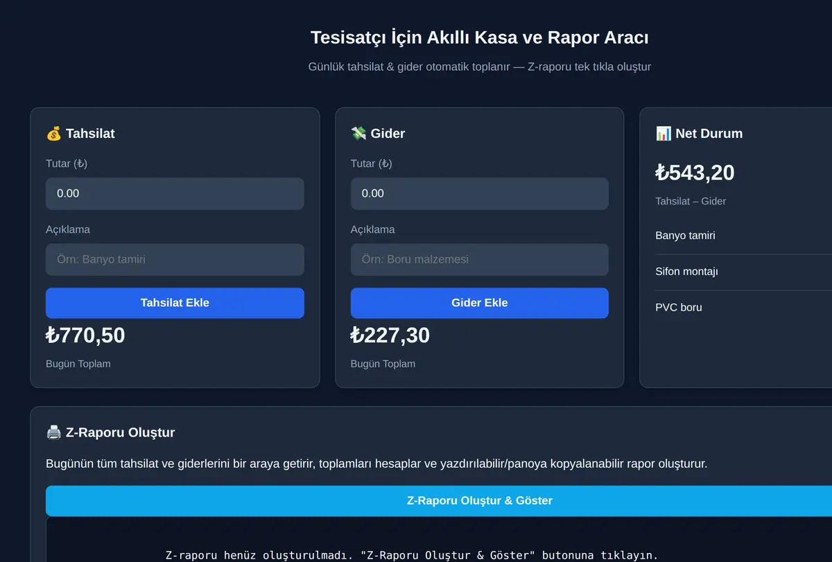 Tesisatçı İçin Akıllı Kasa ve Rapor Aracı ekran görüntüsü